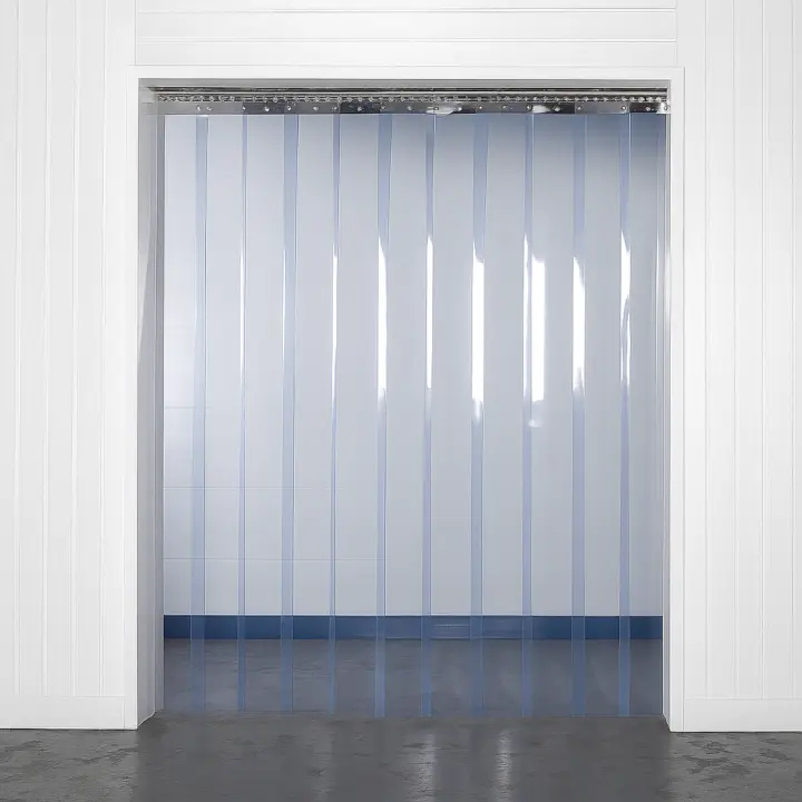 Clear PVC strip curtain hanging in a doorway