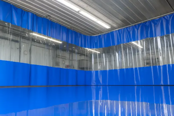 Blue industrial vinyl curtain dividing a warehouse