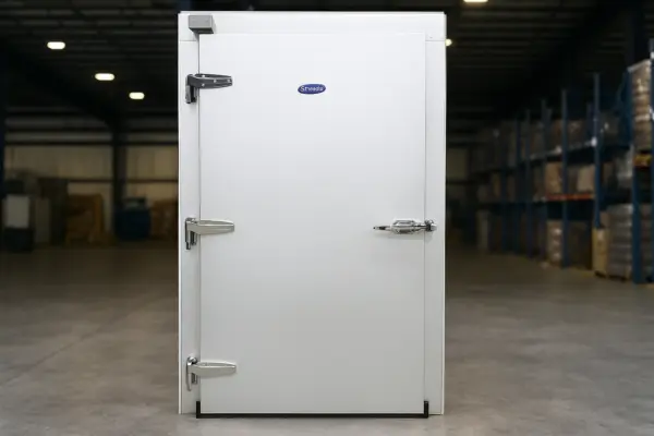 White walk-in cooler door with chrome hinges and handle in a warehouse